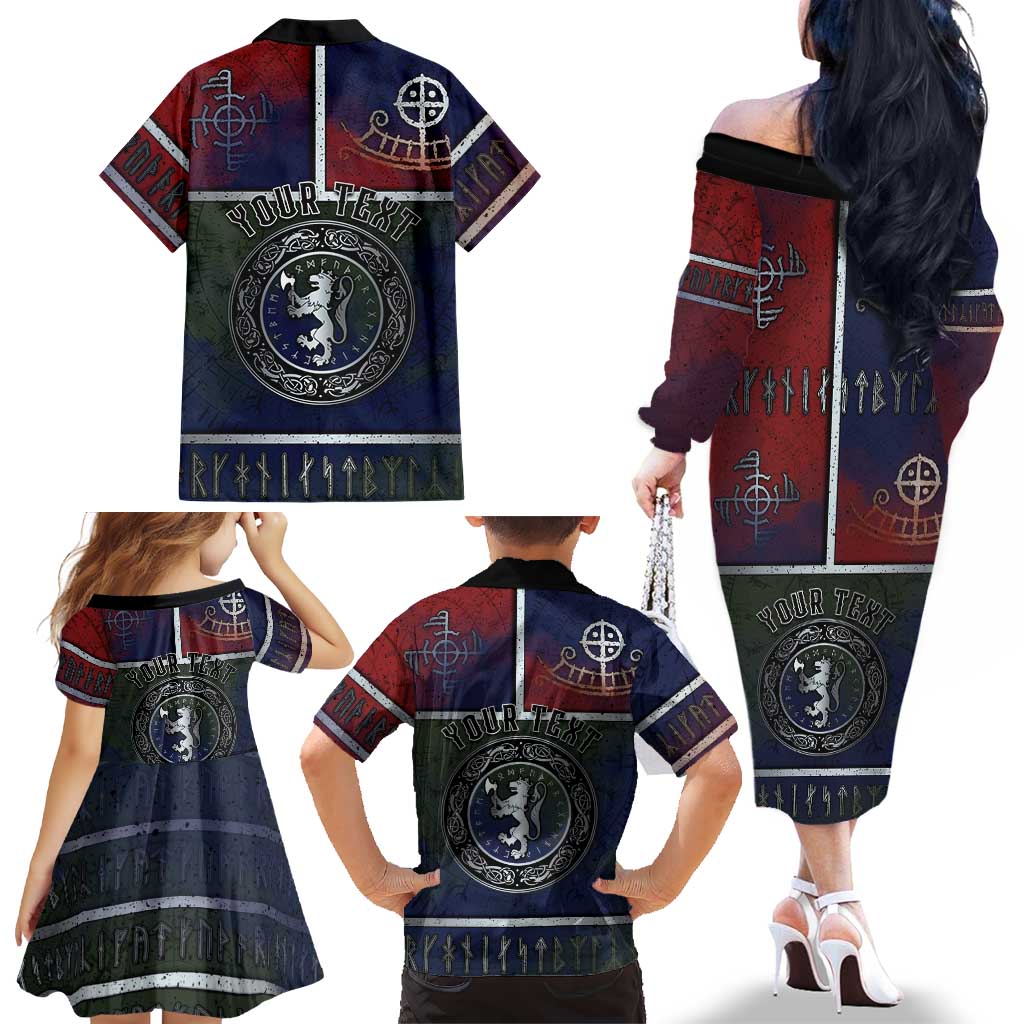Personalized Norwegian Empire Family Matching Off The Shoulder Long Sleeve Dress and Hawaiian Shirt Ancient Viking Patterns - Wonder Print Shop