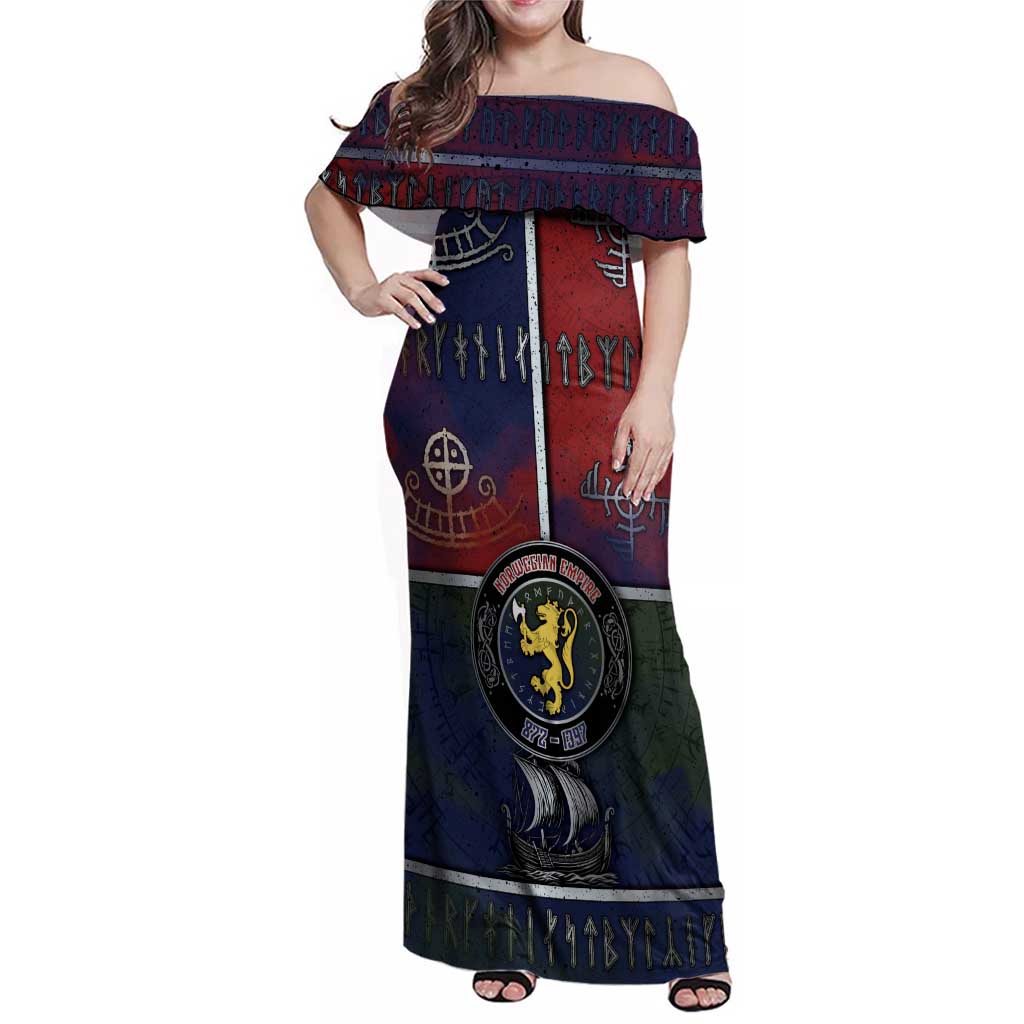 Personalized Norwegian Empire Family Matching Off Shoulder Maxi Dress and Hawaiian Shirt Ancient Viking Patterns - Wonder Print Shop