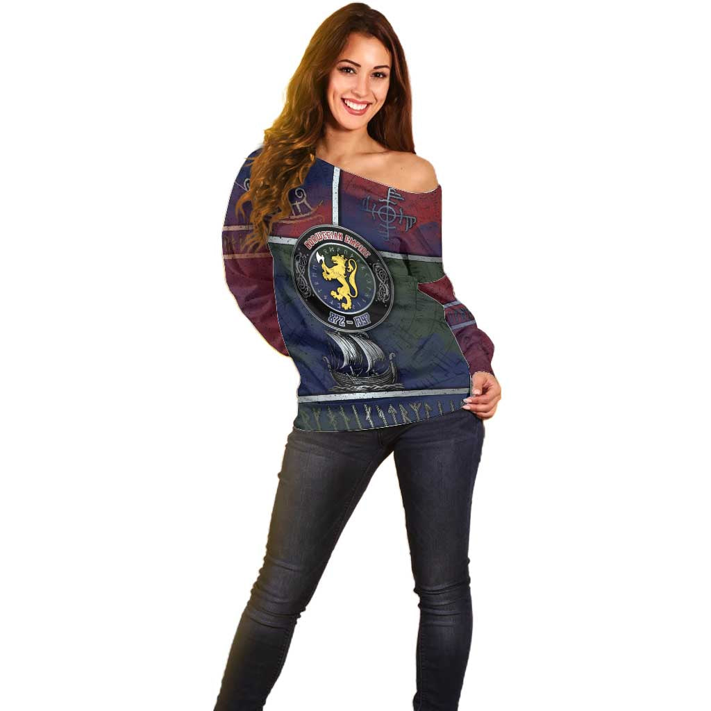 Personalized Norwegian Empire Off Shoulder Sweater Ancient Viking Patterns - Wonder Print Shop