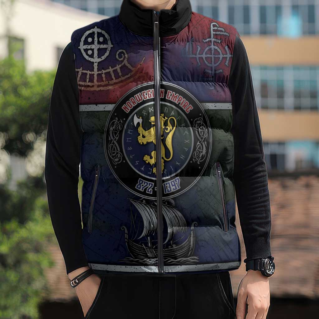 Personalized Norwegian Empire Sleeveless Puffer Jacket Ancient Viking Patterns - Wonder Print Shop