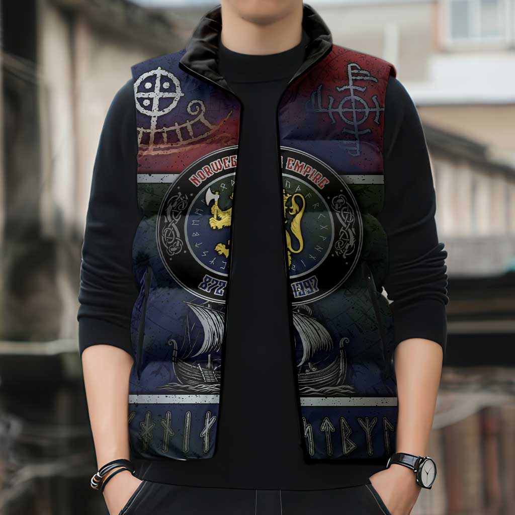 Personalized Norwegian Empire Sleeveless Puffer Jacket Ancient Viking Patterns - Wonder Print Shop