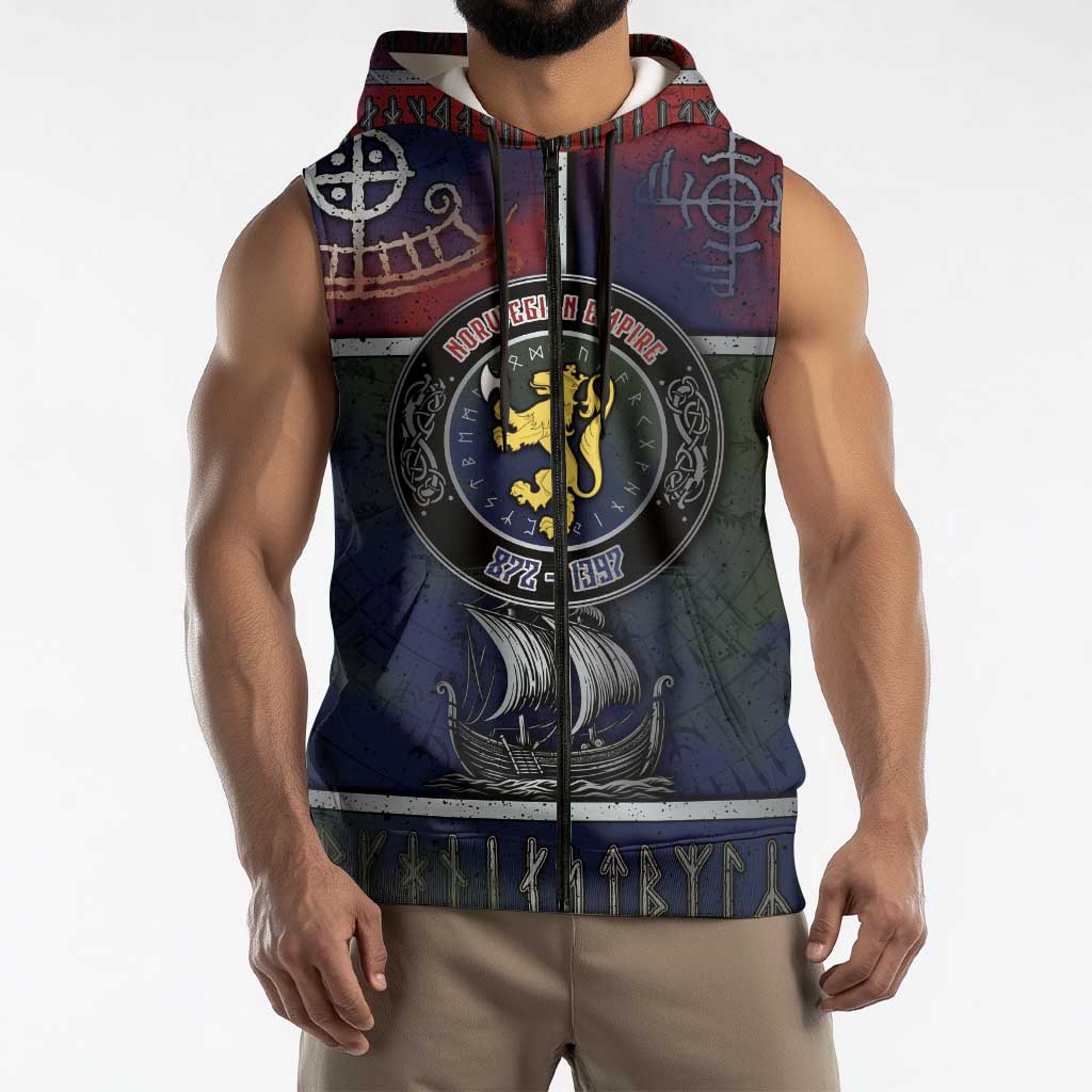 Personalized Norwegian Empire Sleeveless Zip Hoodie Ancient Viking Patterns - Wonder Print Shop
