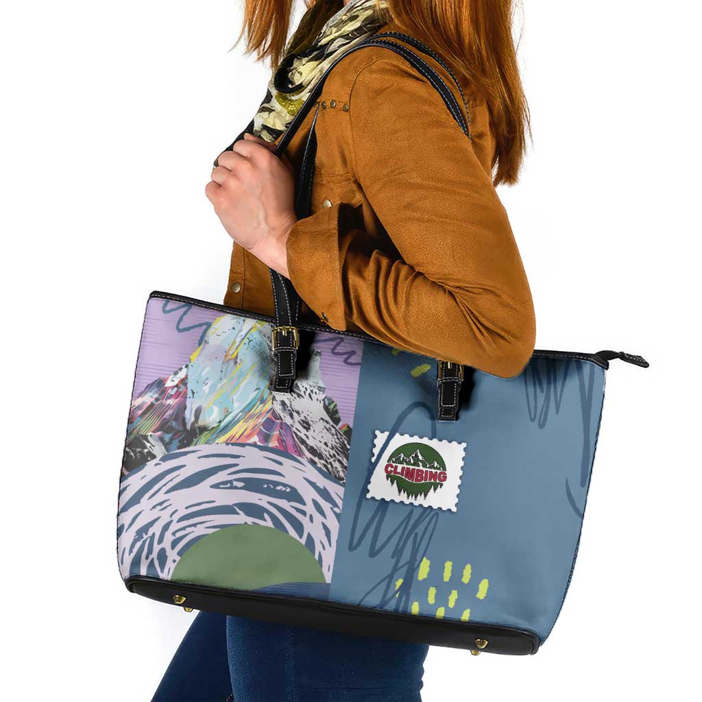 Climbing Leather Tote Bag Mountain Art Retro Style