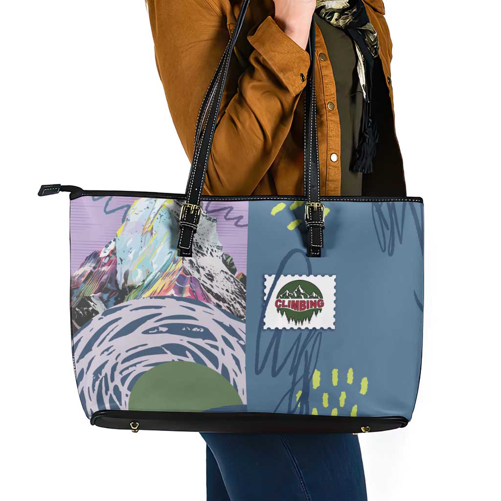 Climbing Leather Tote Bag Mountain Art Retro Style