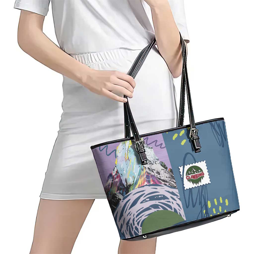 Climbing Leather Tote Bag Mountain Art Retro Style