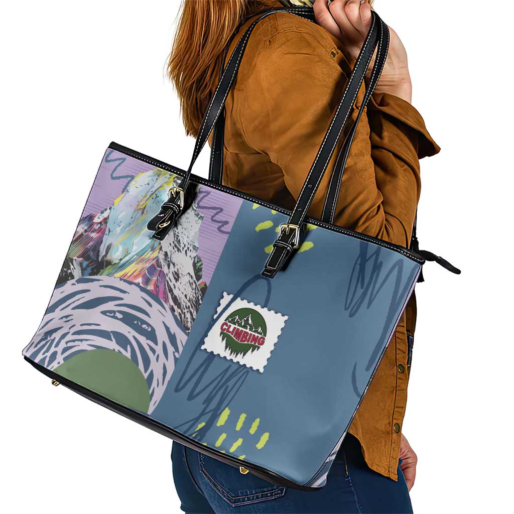 Climbing Leather Tote Bag Mountain Art Retro Style