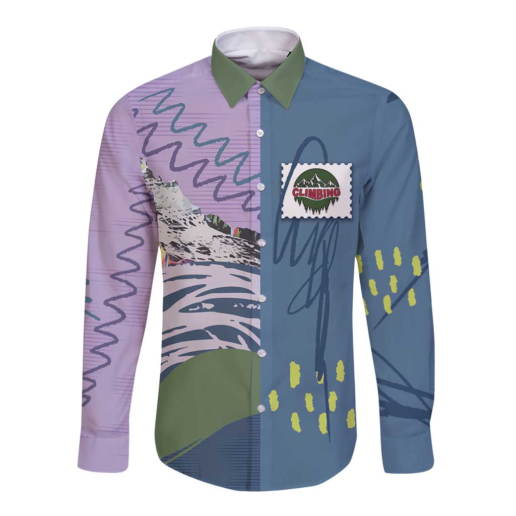 Custom Climbing Long Sleeve Button Shirt Mountain Art Retro Style