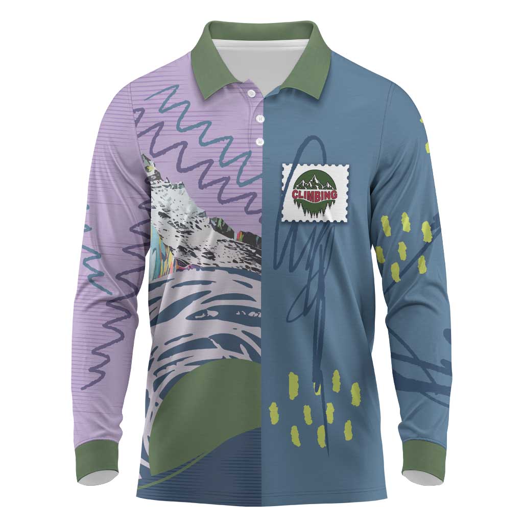 Custom Climbing Long Sleeve Polo Shirt Mountain Art Retro Style
