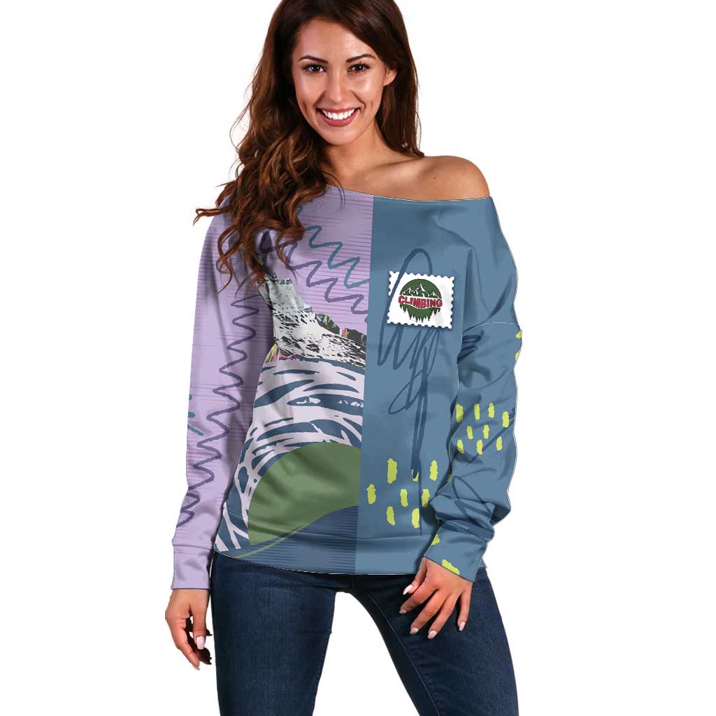 Custom Climbing Off Shoulder Sweater Mountain Art Retro Style