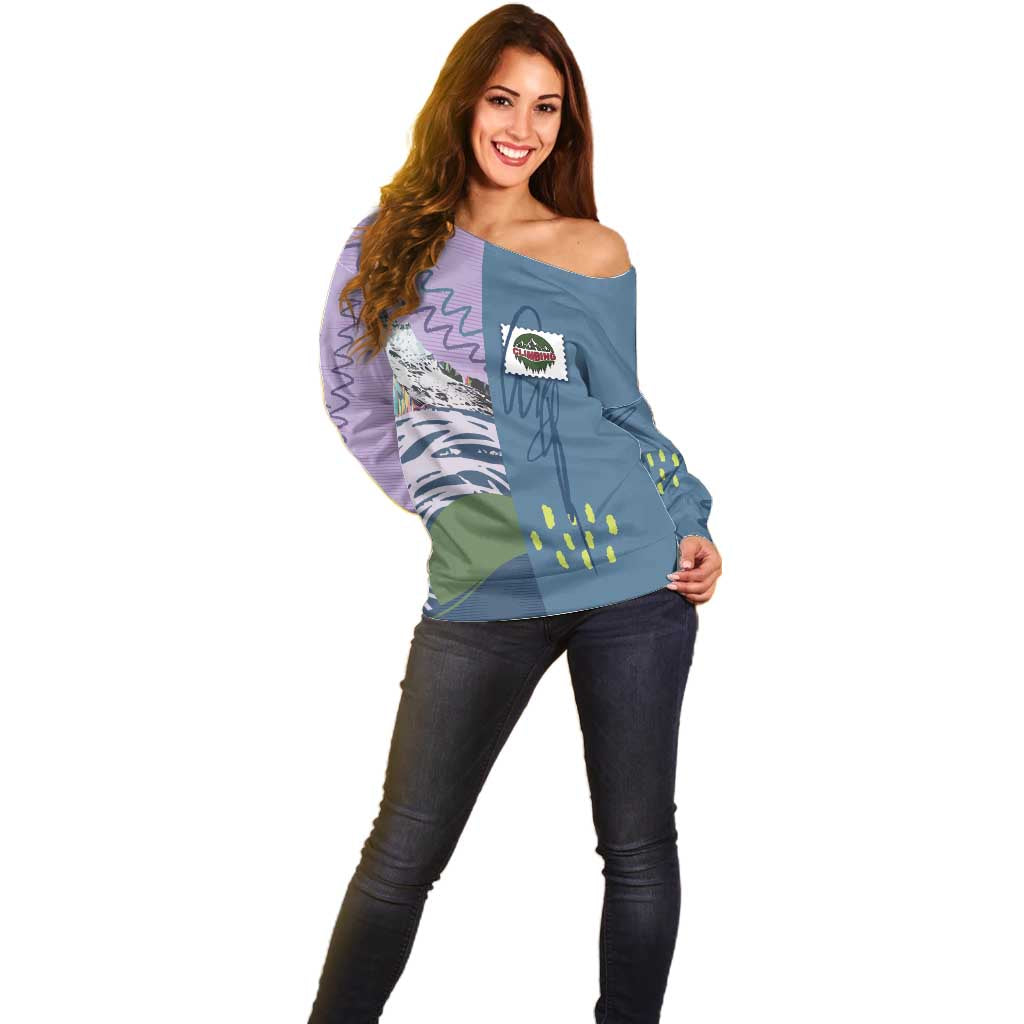 Custom Climbing Off Shoulder Sweater Mountain Art Retro Style
