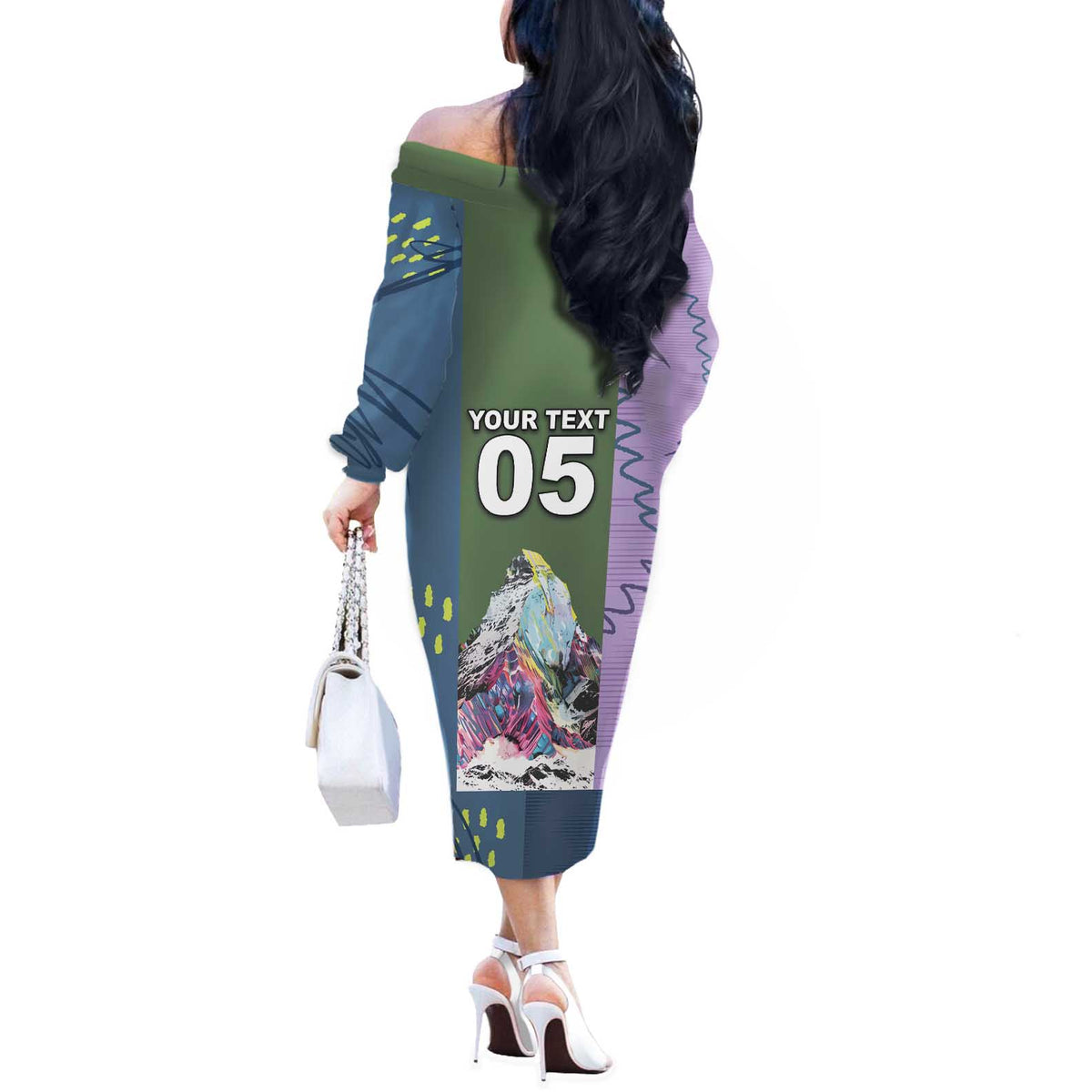 Custom Climbing Off The Shoulder Long Sleeve Dress Mountain Art Retro Style