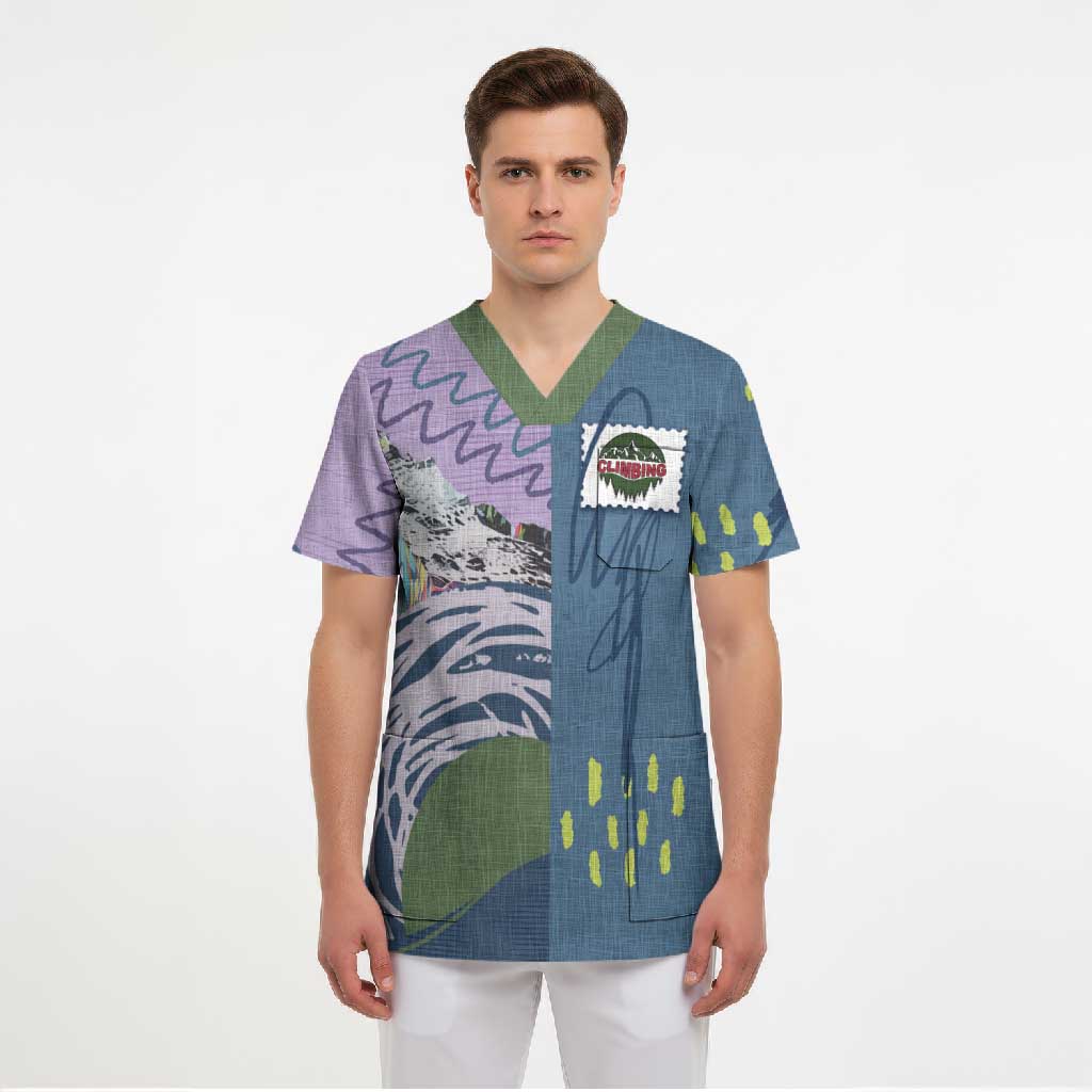 Custom Climbing Scrub Top Mountain Art Retro Style