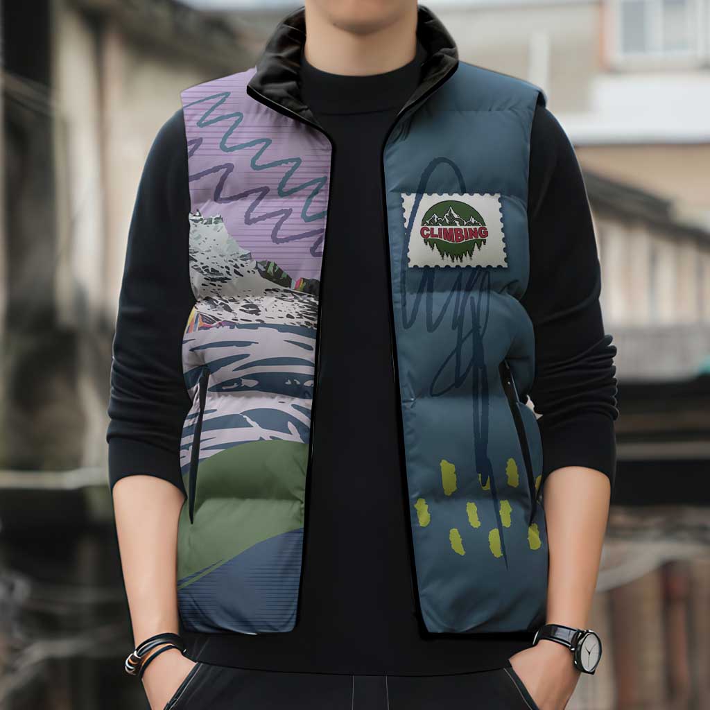 Custom Climbing Sleeveless Puffer Jacket Mountain Art Retro Style