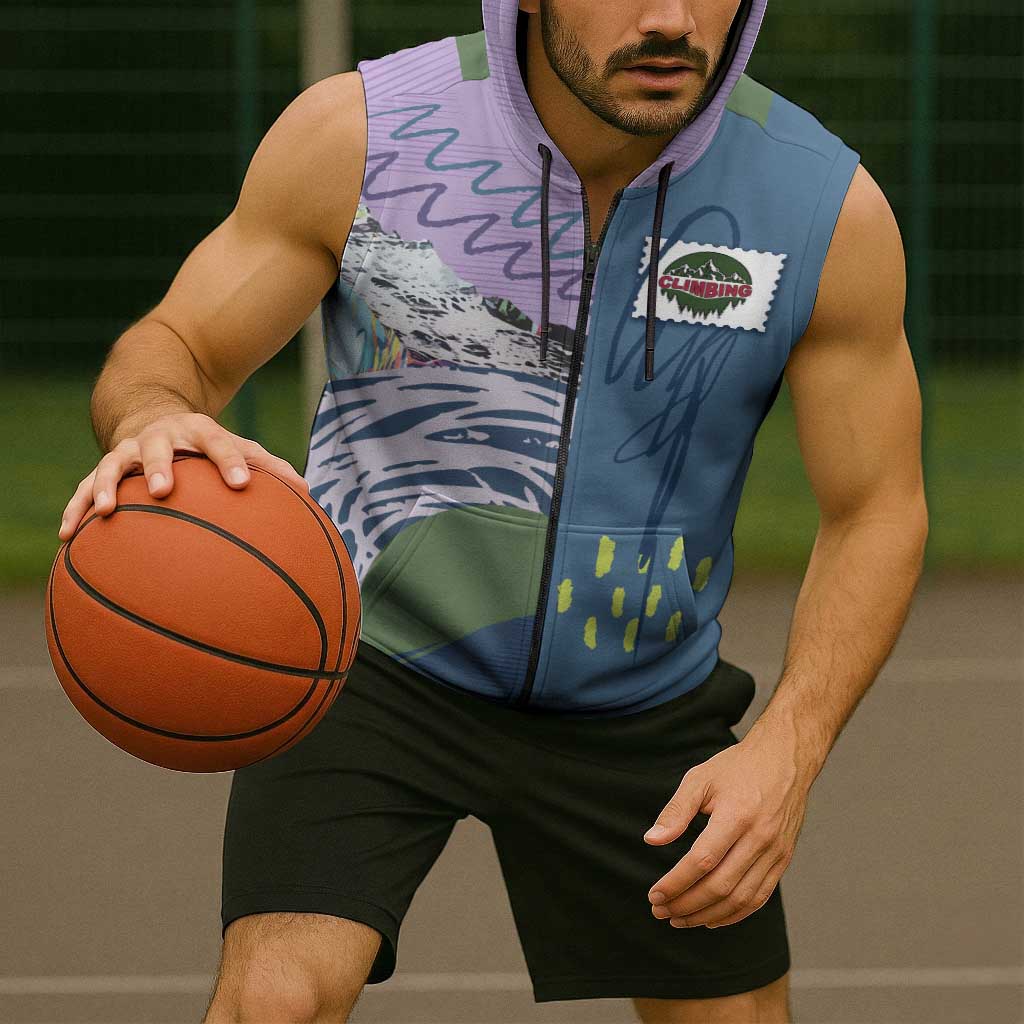 Custom Climbing Sleeveless Zip Hoodie Mountain Art Retro Style