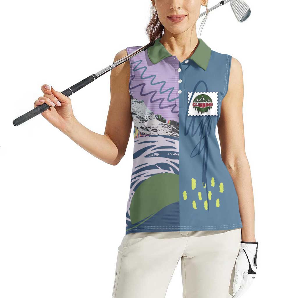 Custom Climbing Women Sleeveless Polo Shirt Mountain Art Retro Style