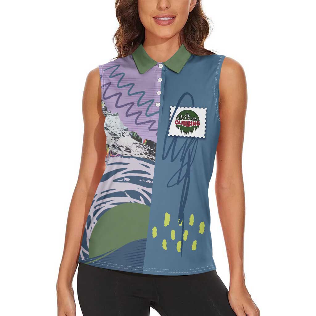 Custom Climbing Women Sleeveless Polo Shirt Mountain Art Retro Style