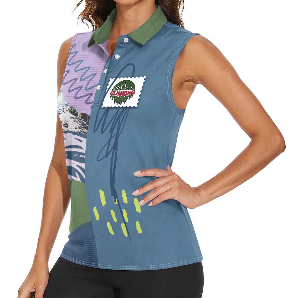 Custom Climbing Women Sleeveless Polo Shirt Mountain Art Retro Style
