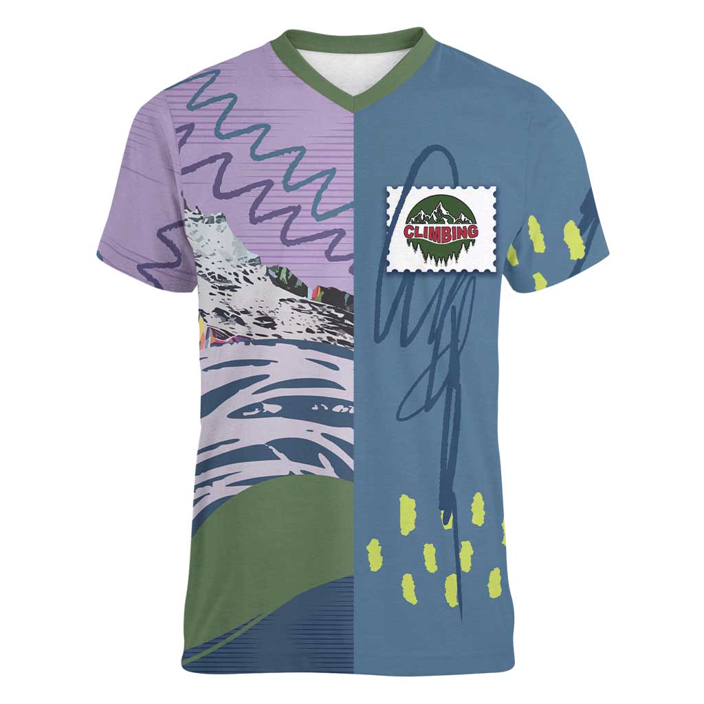 Custom Climbing Women V-Neck T-Shirt Mountain Art Retro Style