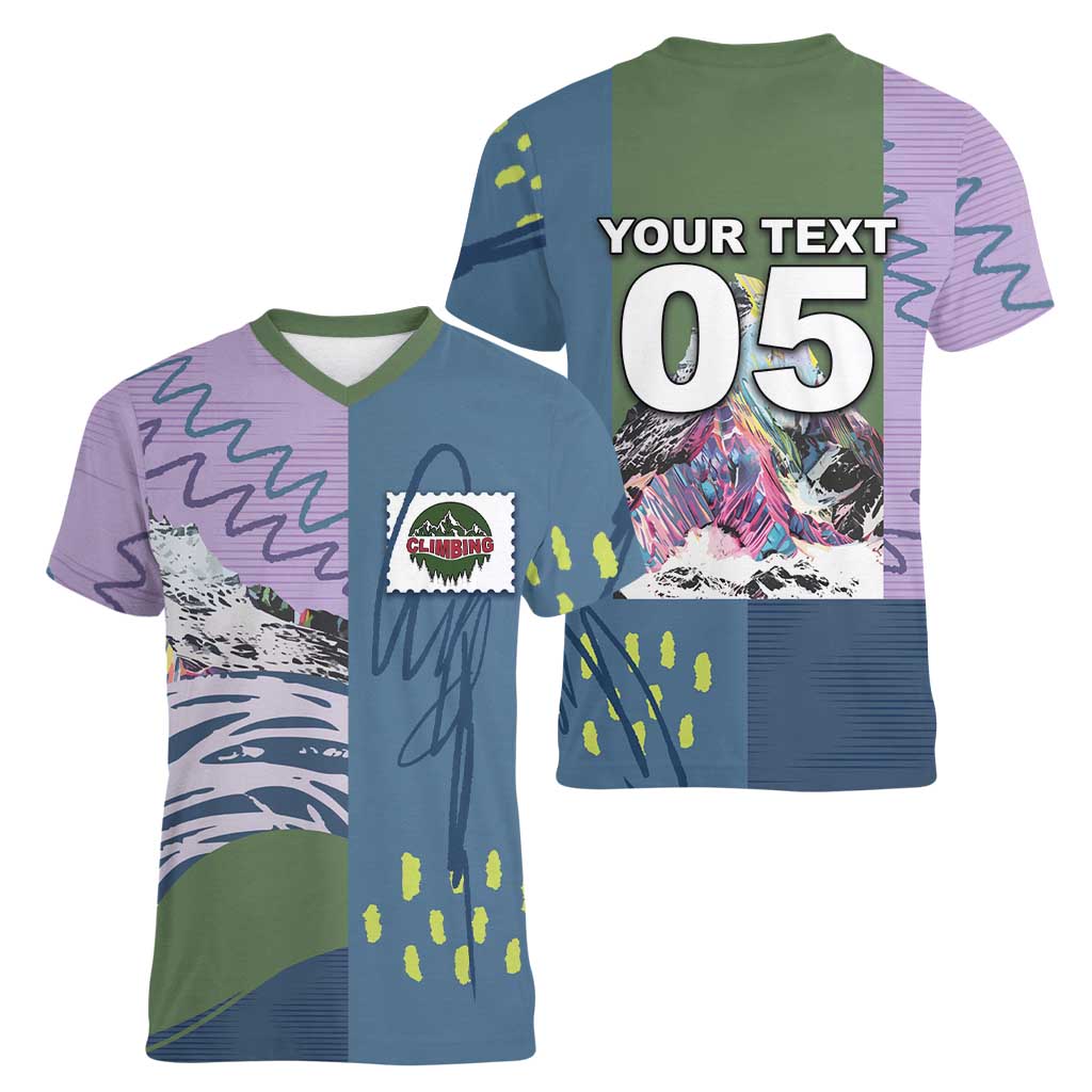 Custom Climbing Women V-Neck T-Shirt Mountain Art Retro Style