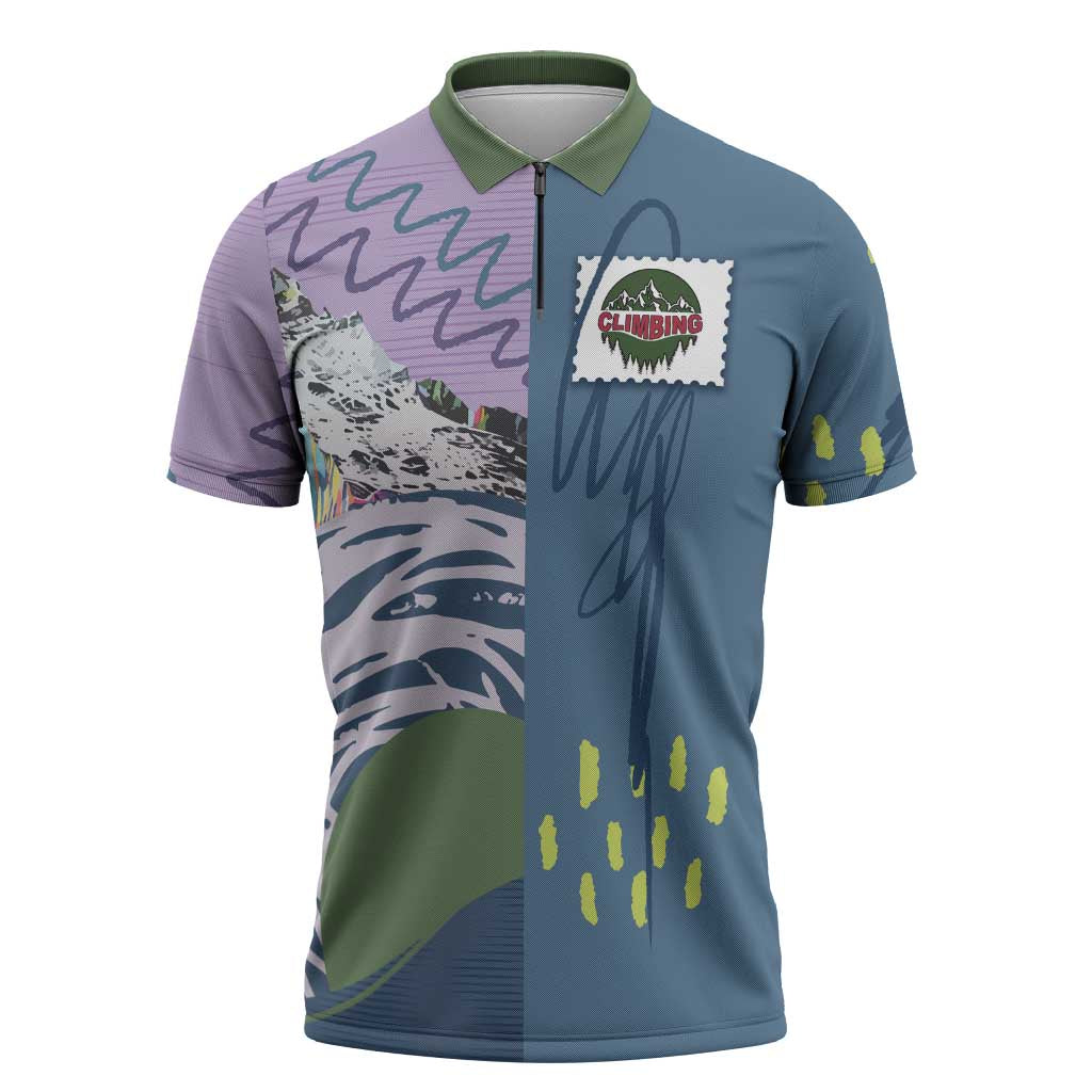 Custom Climbing Zipper Polo Shirt Mountain Art Retro Style