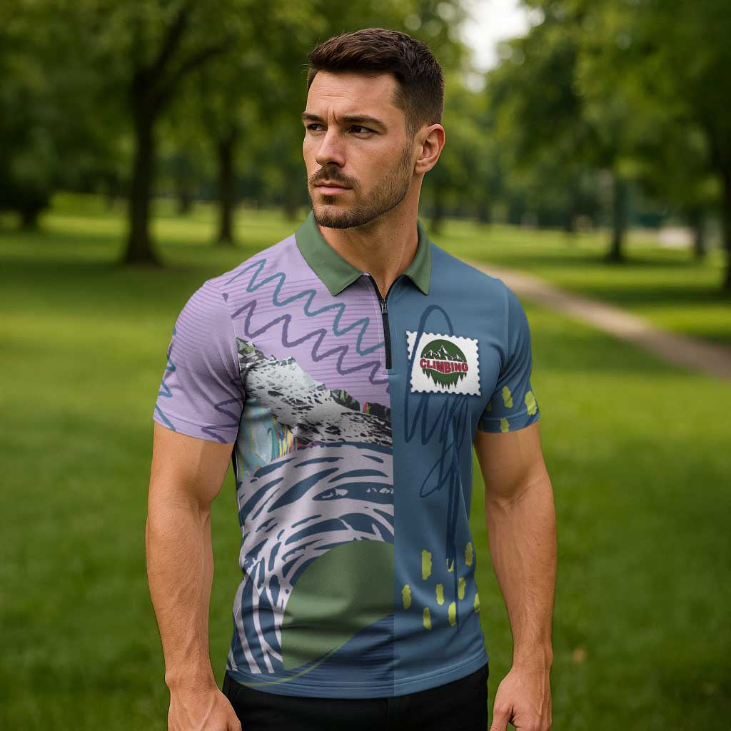 Custom Climbing Zipper Polo Shirt Mountain Art Retro Style