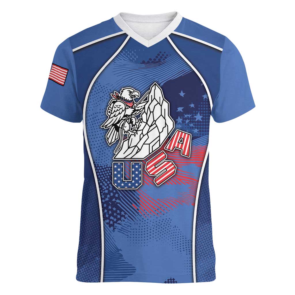 Custom USA Climbing Women V-Neck T-Shirt American Eagle Climber