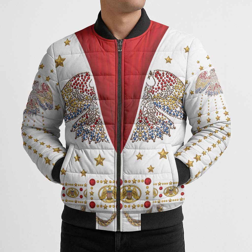 American Eagle Rock Star Costume Bomber Puffer Jacket Vintage 70s Rhinestone Patriotic Stage Outfit