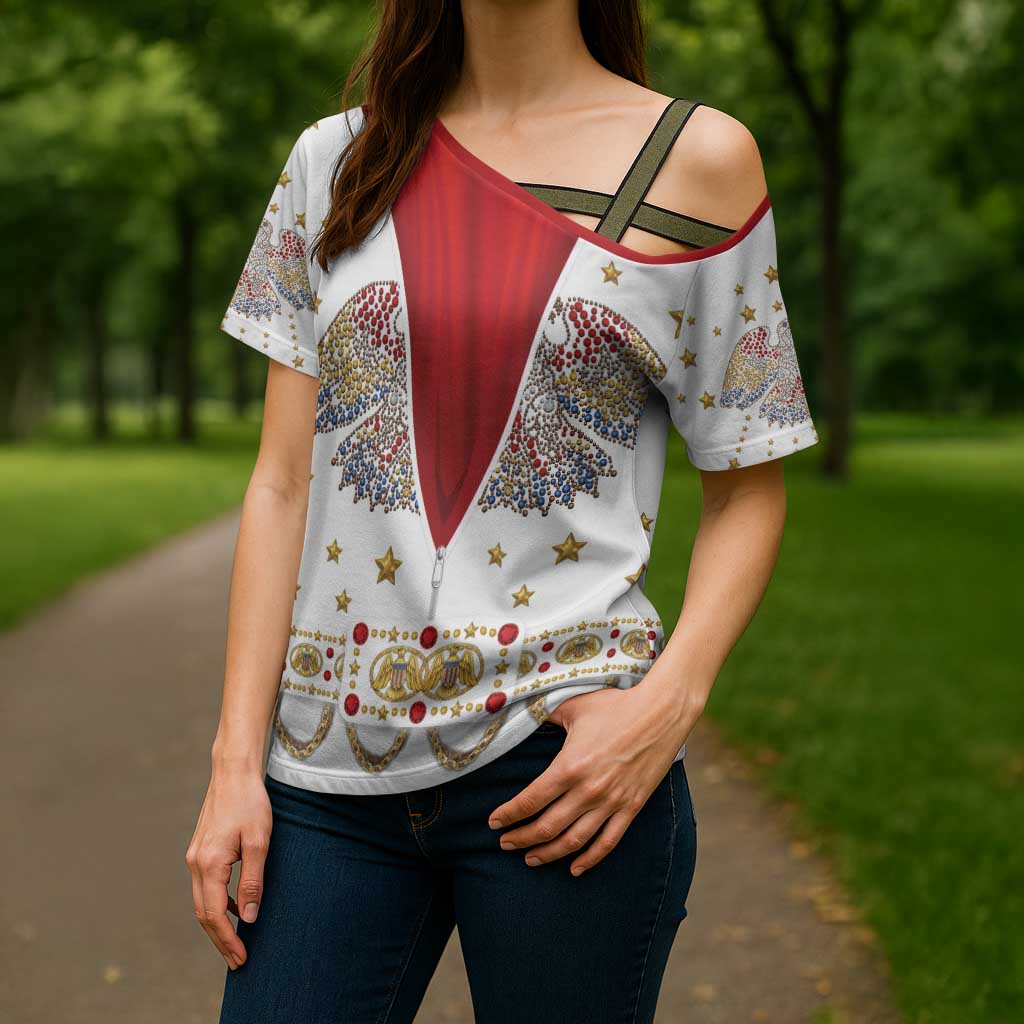 American Eagle Rock Star Costume Cross Shoulder Shirt Vintage 70s Rhinestone Patriotic Stage Outfit