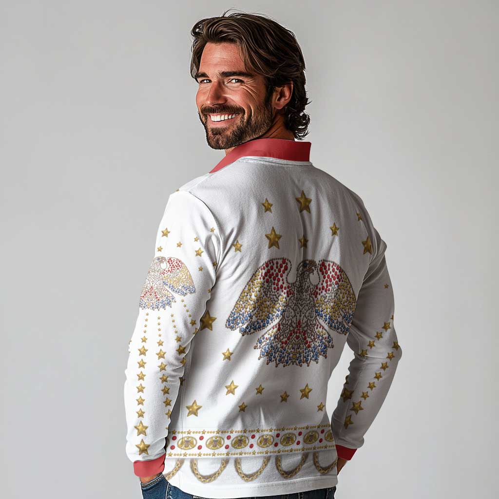 American Eagle Rock Star Costume Long Sleeve Polo Shirt Vintage 70s Rhinestone Patriotic Stage Outfit