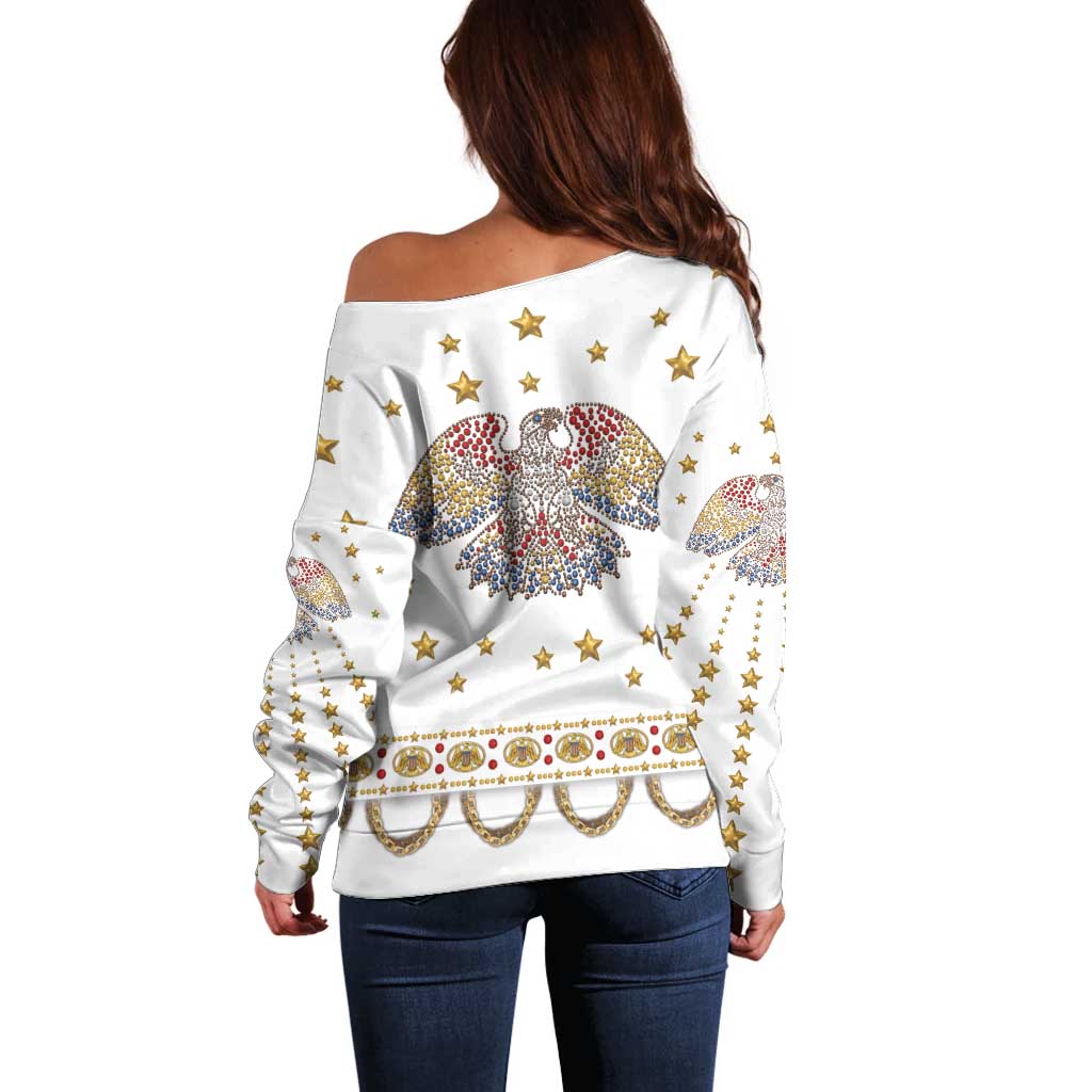 American Eagle Rock Star Costume Off Shoulder Sweater Vintage 70s Rhinestone Patriotic Stage Outfit