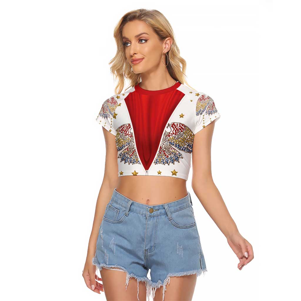 American Eagle Rock Star Costume Raglan Cropped T Shirt Vintage 70s Rhinestone Patriotic Stage Outfit