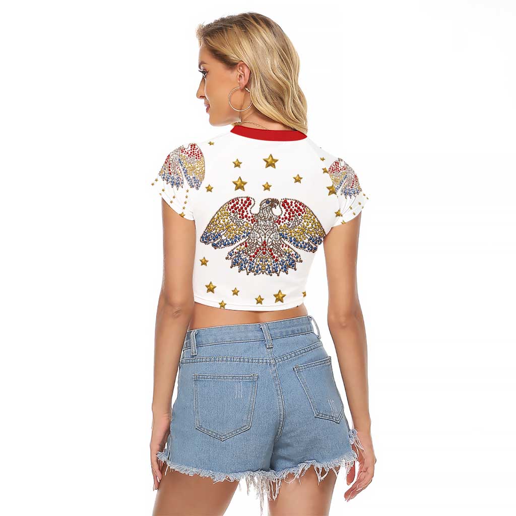 American Eagle Rock Star Costume Raglan Cropped T Shirt Vintage 70s Rhinestone Patriotic Stage Outfit