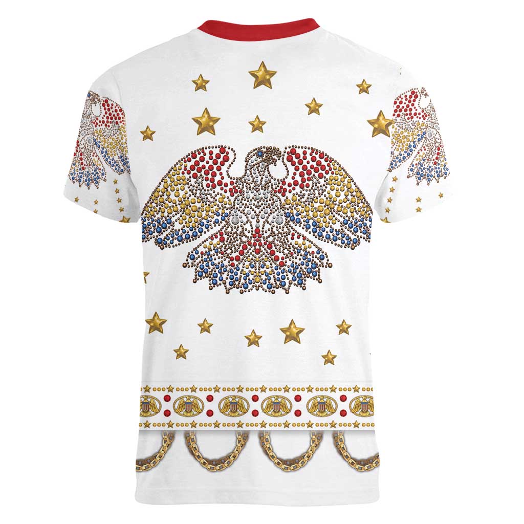American Eagle Rock Star Costume Women V-Neck T-Shirt Vintage 70s Rhinestone Patriotic Stage Outfit