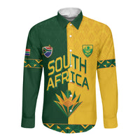 Custom South Africa Football Long Sleeve Button Shirt Diamond Protea Flower Symmetrical Style