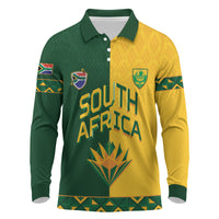 Custom South Africa Football Long Sleeve Polo Shirt Diamond Protea Flower Symmetrical Style