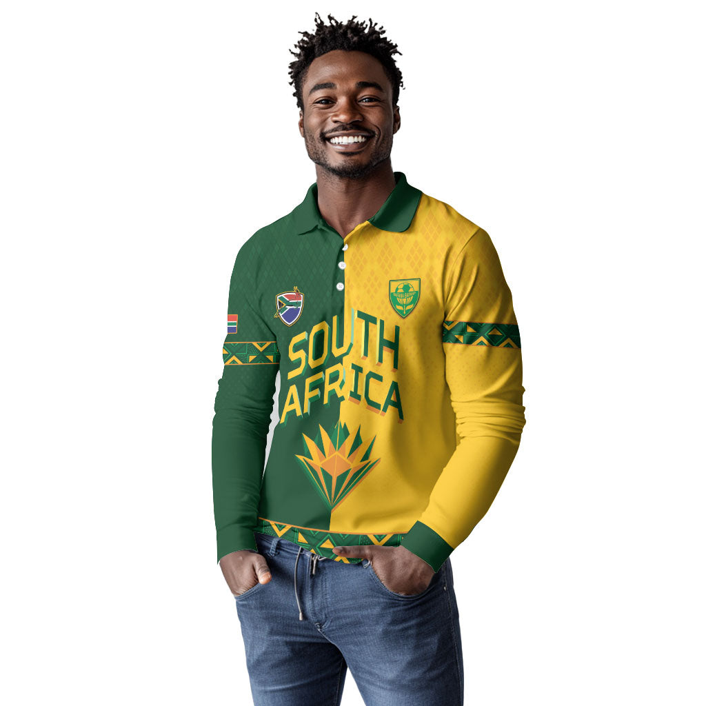 Custom South Africa Football Long Sleeve Polo Shirt Diamond Protea Flower Symmetrical Style