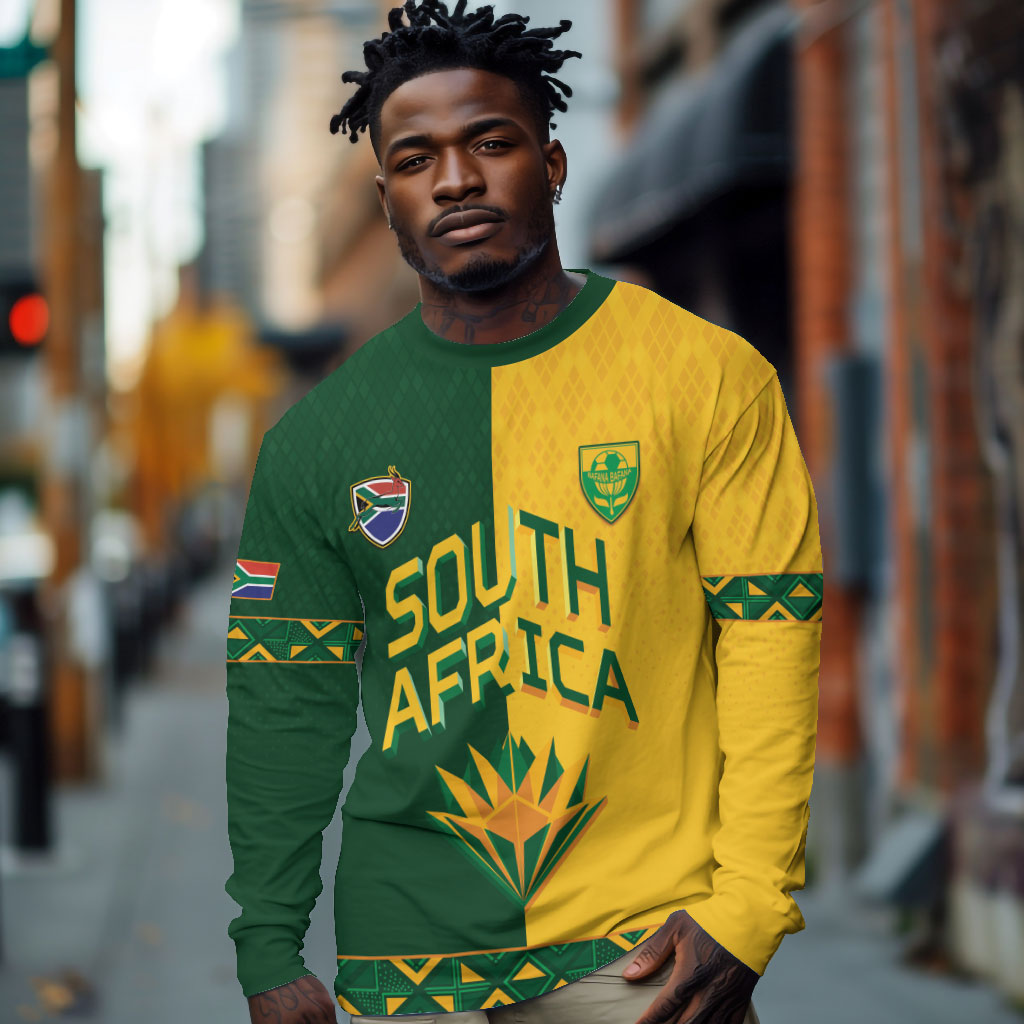 Custom South Africa Football Long Sleeve Shirt Diamond Protea Flower Symmetrical Style