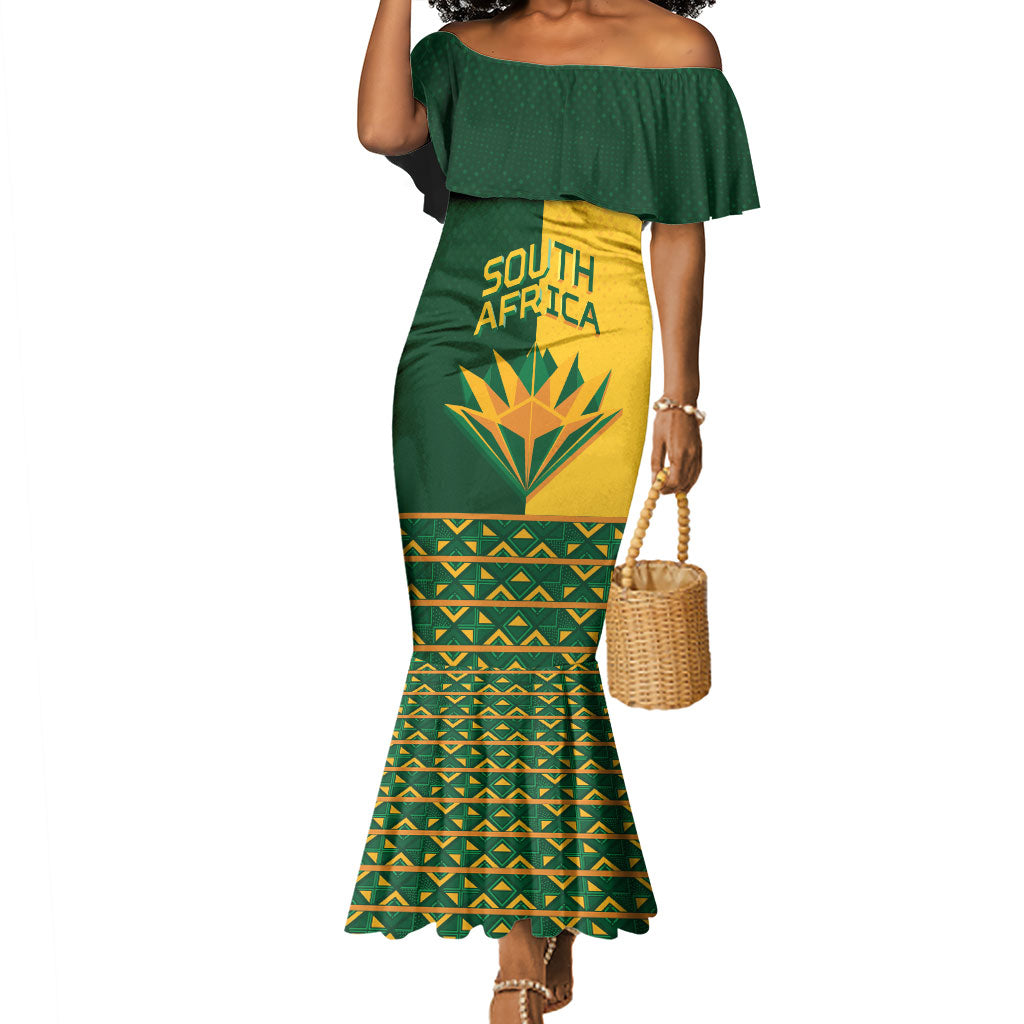 Custom South Africa Football Mermaid Dress Diamond Protea Flower Symmetrical Style