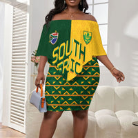 Custom South Africa Football Off Shoulder Short Dress Diamond Protea Flower Symmetrical Style