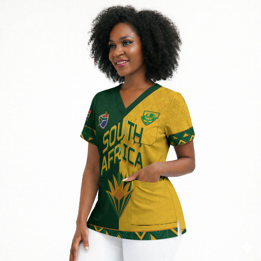 Custom South Africa Football Scrub Top Diamond Protea Flower Symmetrical Style