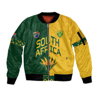 Custom South Africa Football Sleeve Zip Bomber Jacket Diamond Protea Flower Symmetrical Style