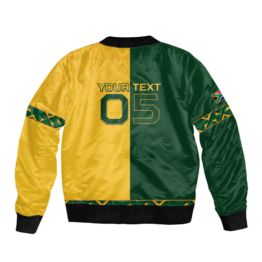 Custom South Africa Football Sleeve Zip Bomber Jacket Diamond Protea Flower Symmetrical Style
