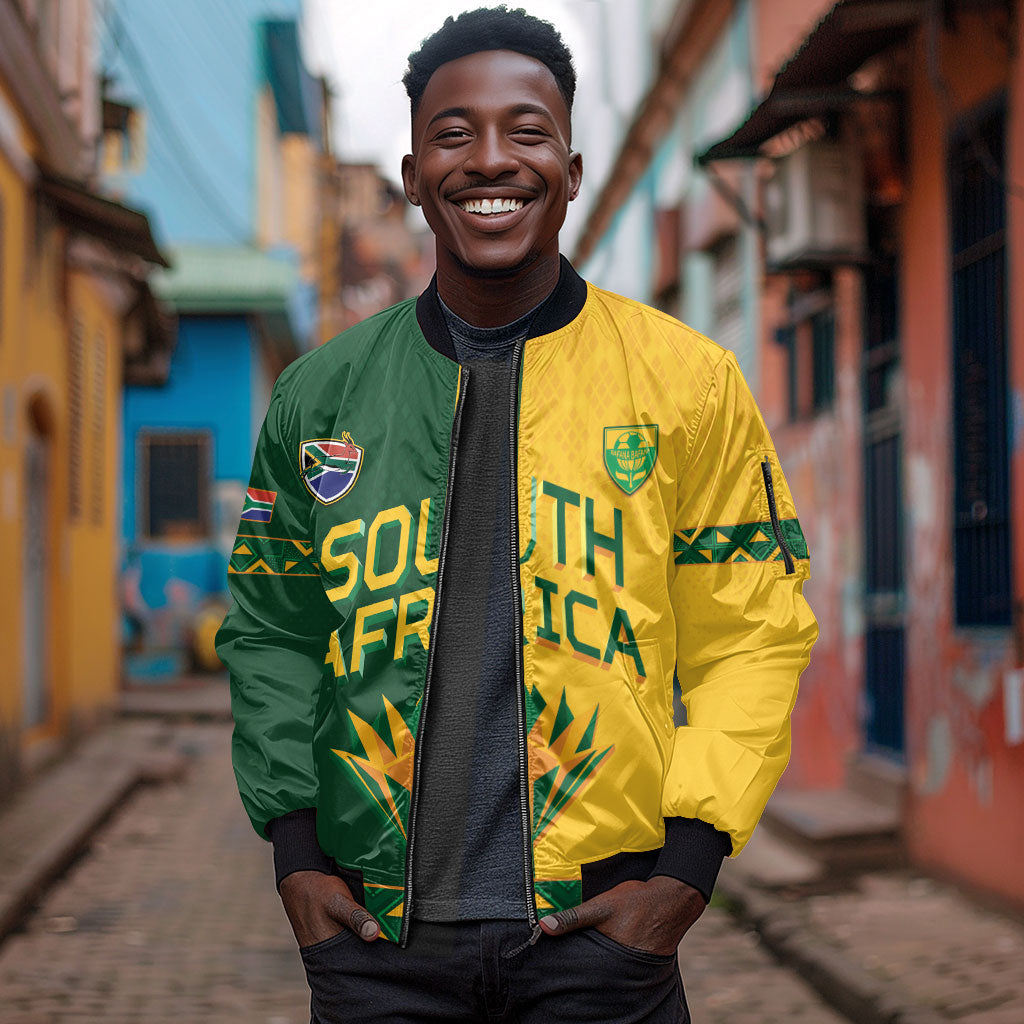 Custom South Africa Football Sleeve Zip Bomber Jacket Diamond Protea Flower Symmetrical Style