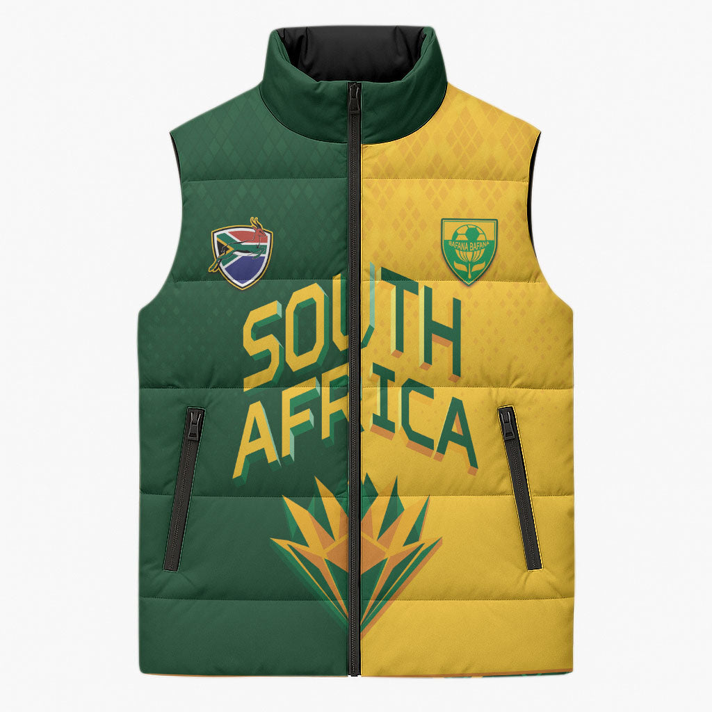 Custom South Africa Football Sleeveless Puffer Jacket Diamond Protea Flower Symmetrical Style