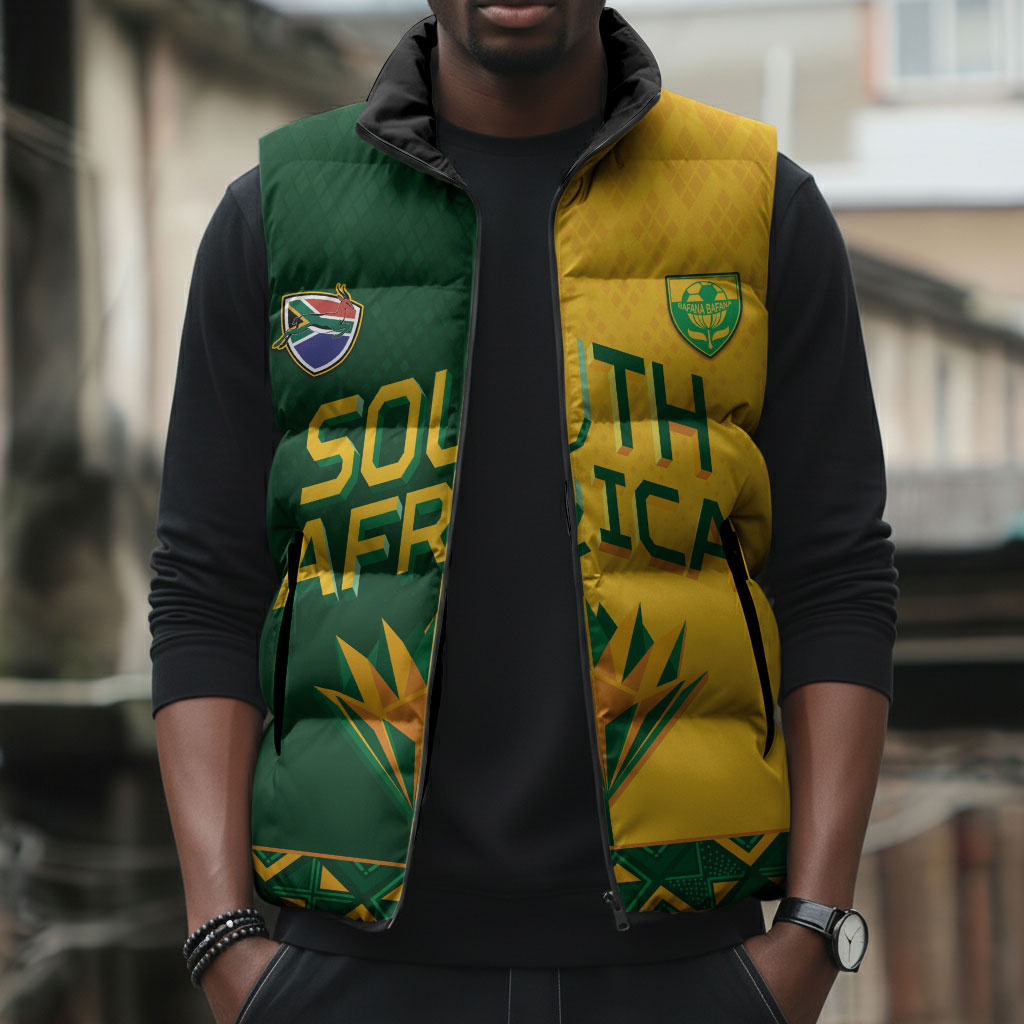 Custom South Africa Football Sleeveless Puffer Jacket Diamond Protea Flower Symmetrical Style