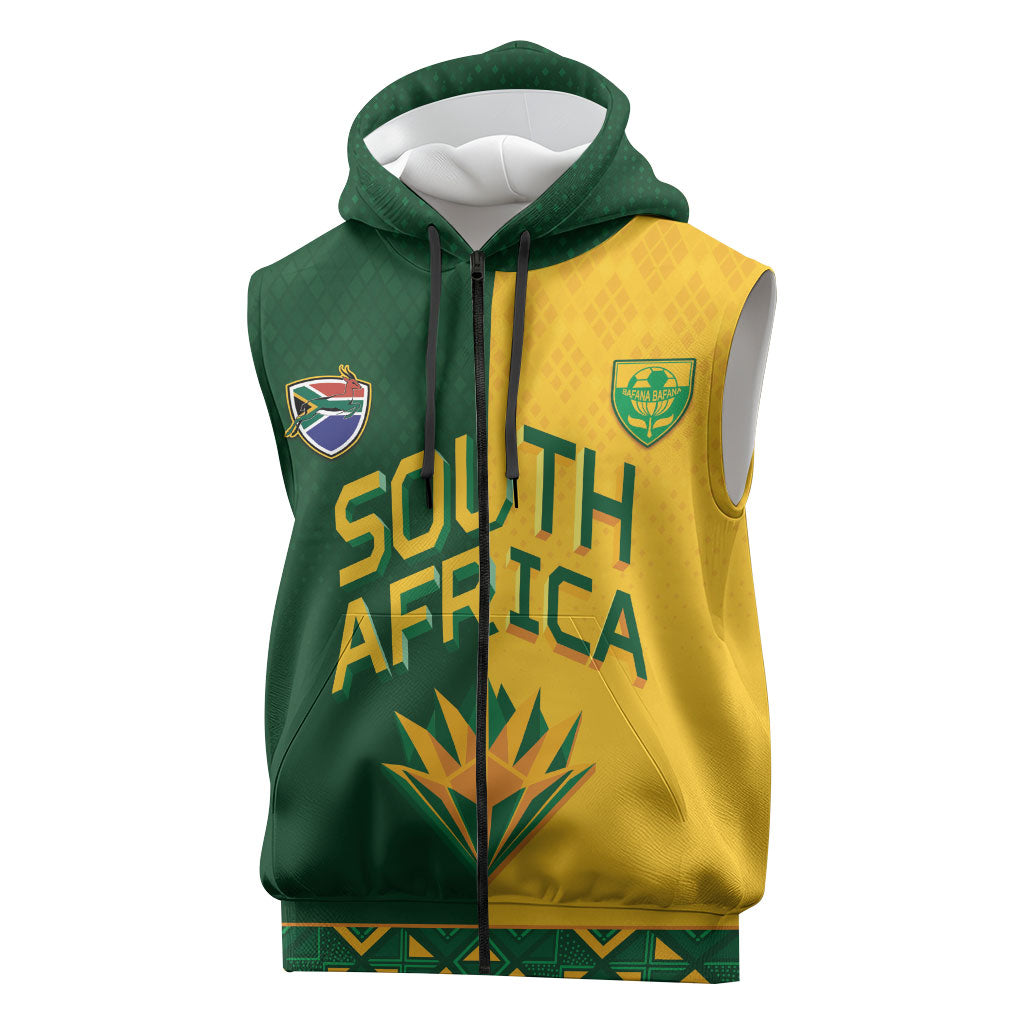Custom South Africa Football Sleeveless Zip Hoodie Diamond Protea Flower Symmetrical Style