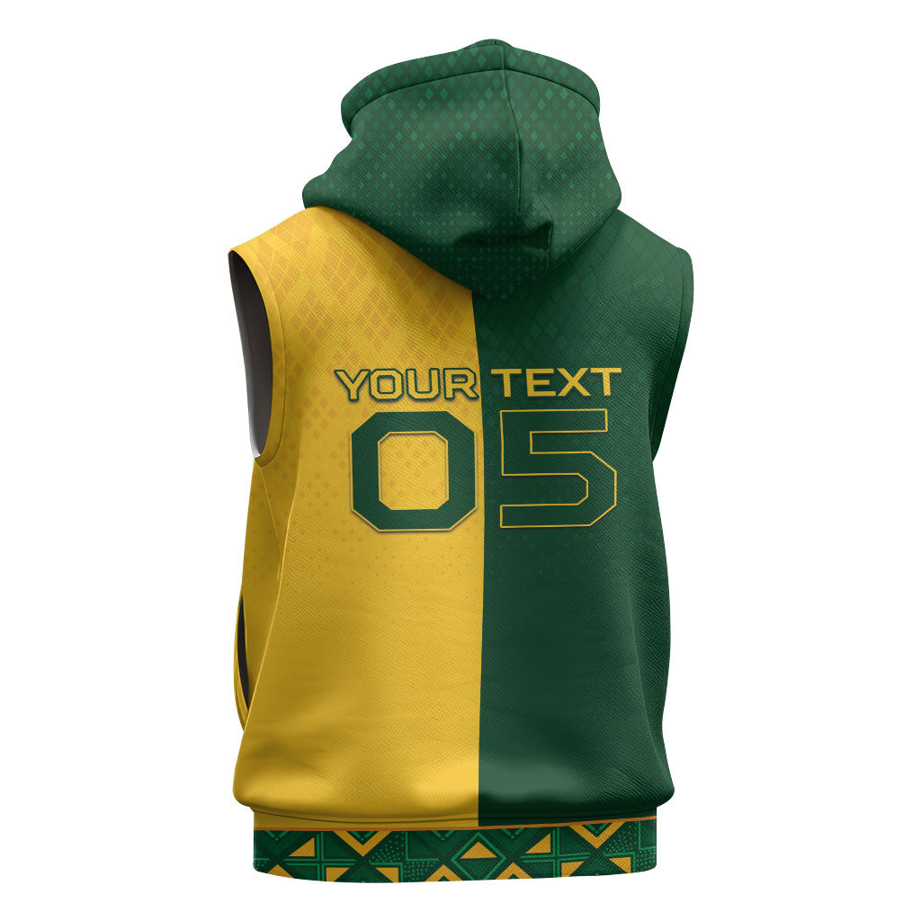 Custom South Africa Football Sleeveless Zip Hoodie Diamond Protea Flower Symmetrical Style