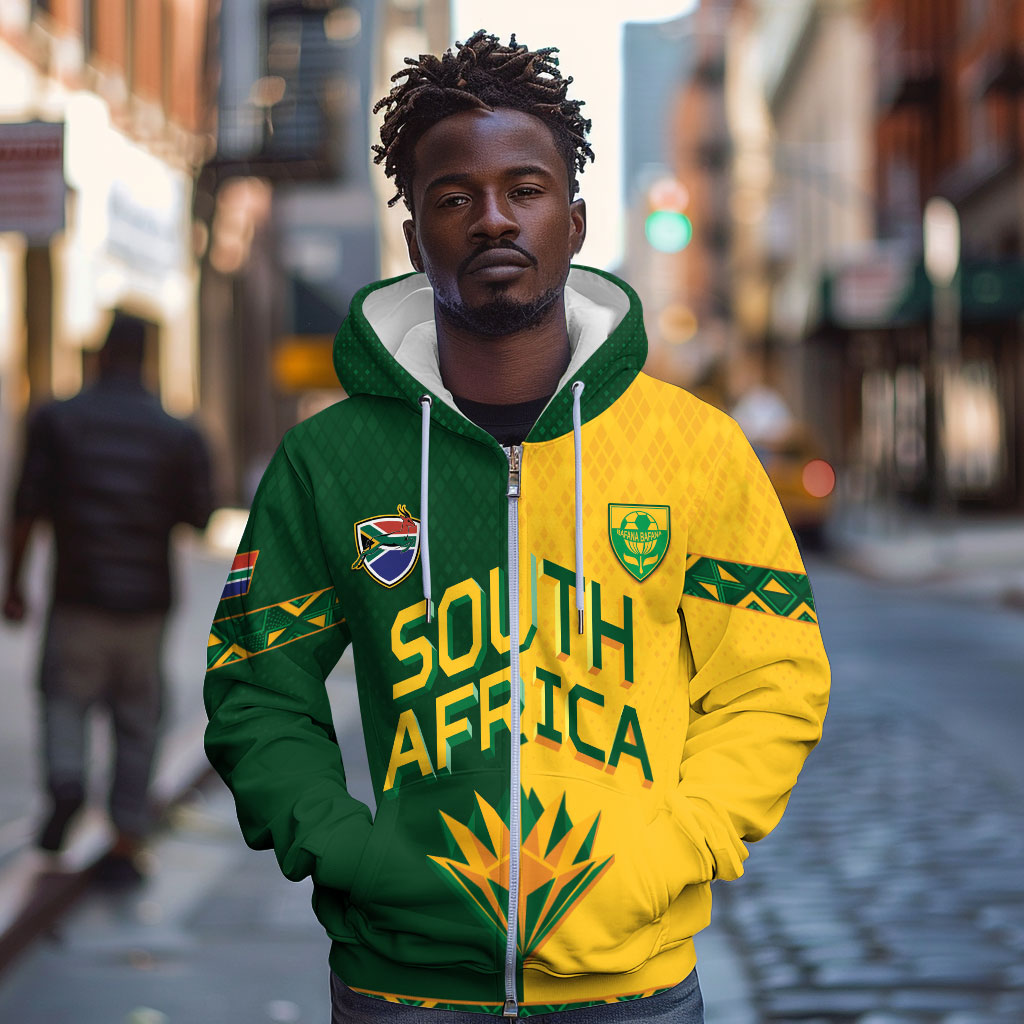 Custom South Africa Football Zip Hoodie Diamond Protea Flower Symmetrical Style