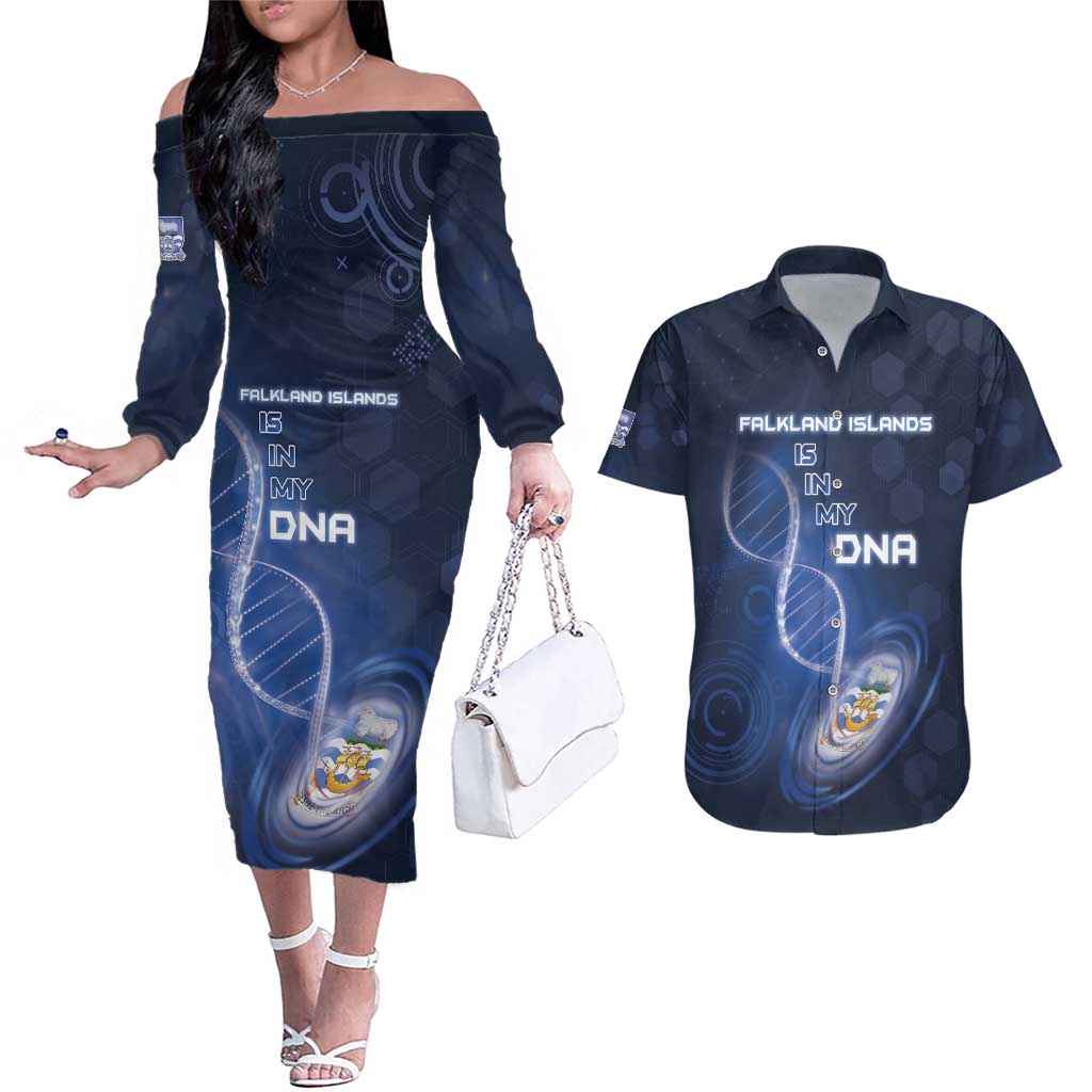 Personalized Falkland Islands Is In My DNA Couples Matching Off The Shoulder Long Sleeve Dress and Hawaiian Shirt - Wonder Print Shop