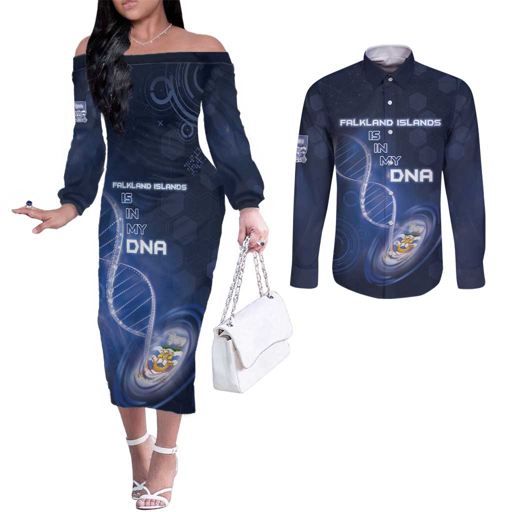 Personalized Falkland Islands Is In My DNA Couples Matching Off The Shoulder Long Sleeve Dress and Long Sleeve Button Shirt - Wonder Print Shop
